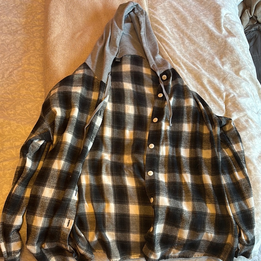 SHEIN Plaid Button-Up Hoodie Sweater - Black and Gray